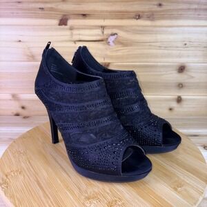NEW Coach and Four Heels Womens 8 Black Satin Rhinestone Lace Stiletto High Heel